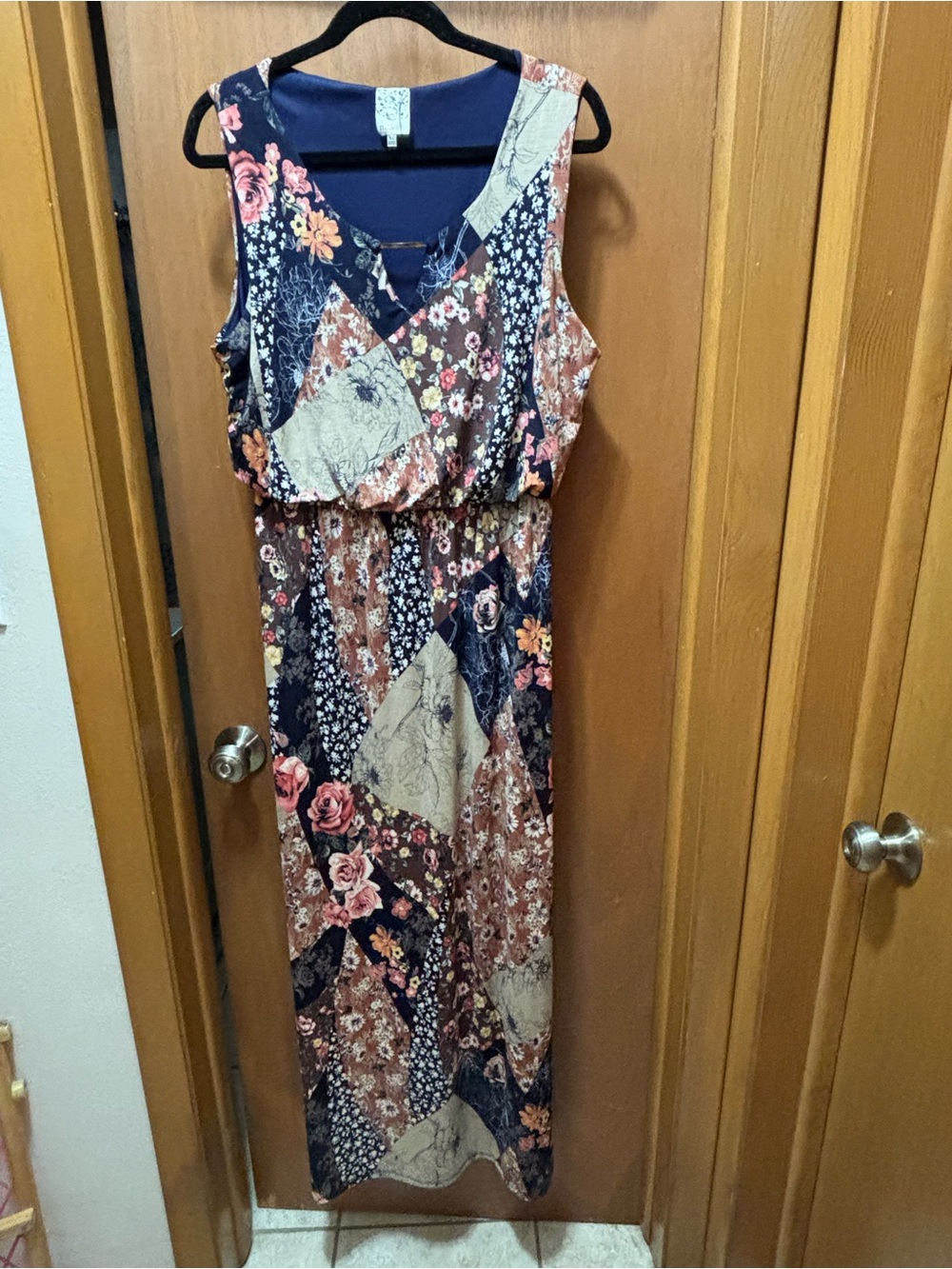 NAIF Floral Patchwork Sleeveless Maxi Dress - Navy & Brown